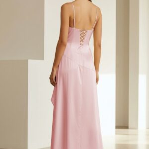 Alternative view of Pink - Spaghetti Straps Sheath Satin High Low Prom Dresses With Ruffles
