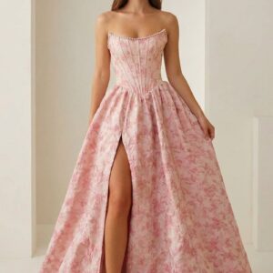 Pink A Line Strapless Jacquard Long Prom Dresses With Slit