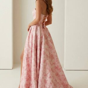 Alternative view of Pink A Line Strapless Jacquard Long Prom Dresses With Slit