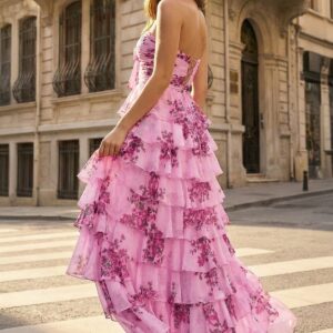Alternative view of Hot Pink A Line Strapless Floral Chiffon Ruffled Long Prom Dresses With Slit