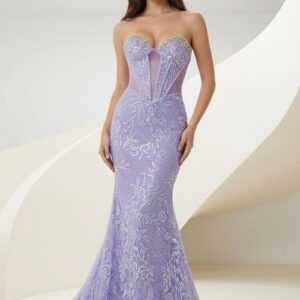 Lilac Strapless Mermaid Sequined Lace Formal Prom Dresses With Beading