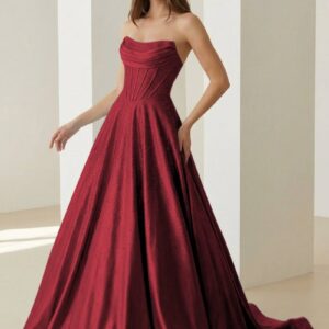 Burgundy - Strapless A Line Satin Beaded Long Prom Dresses With Pockets