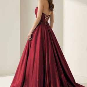Alternative view of Burgundy - Strapless A Line Satin Beaded Long Prom Dresses With Pockets