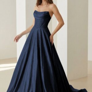 Navy Blue - Strapless A Line Satin Beaded Long Prom Dresses With Pockets