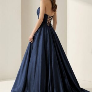 Alternative view of Navy Blue - Strapless A Line Satin Beaded Long Prom Dresses With Pockets