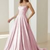 Pink - Strapless A Line Satin Beaded Long Prom Dresses With Pockets