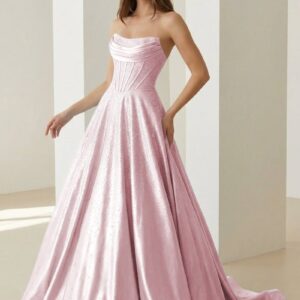 Pink - Strapless A Line Satin Beaded Long Prom Dresses With Pockets