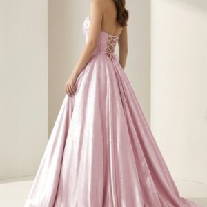 Alternative view of Pink - Strapless A Line Satin Beaded Long Prom Dresses With Pockets