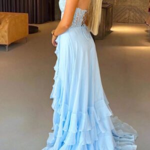 Alternative view of Sky Blue - Strapless Chiffon Ruffled A Line Long Prom Dresses With Appliques