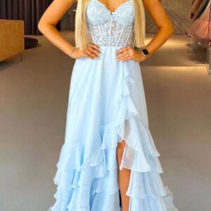 Sky Blue - Strapless Chiffon Ruffled A Line Long Prom Dresses With Appliques
