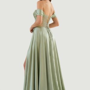 Alternative view of Sage Off The Shoulder A Line Satin Beaded Prom Dresses With Slit