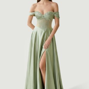 Sage Off The Shoulder A Line Satin Beaded Prom Dresses With Slit