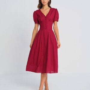 Red V Neck Midi Dress